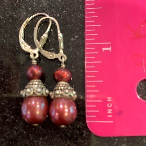 Sterling Silver dark red beaded earrings - Picture 2 of 3